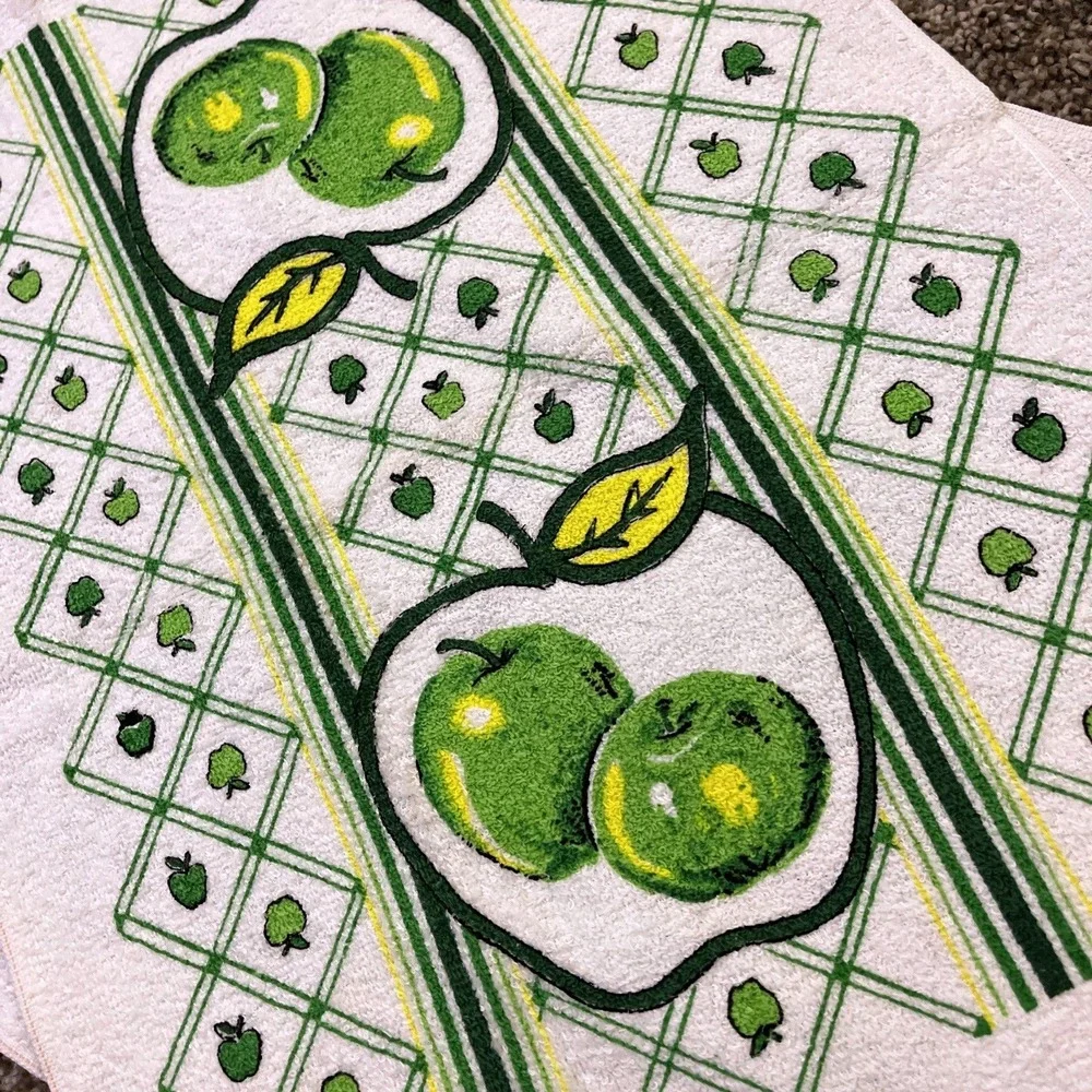 VTG CANNON Hand‎ Kitchen Towel Fringe 70s NOS Green Apple Fruit Stripe Checkered